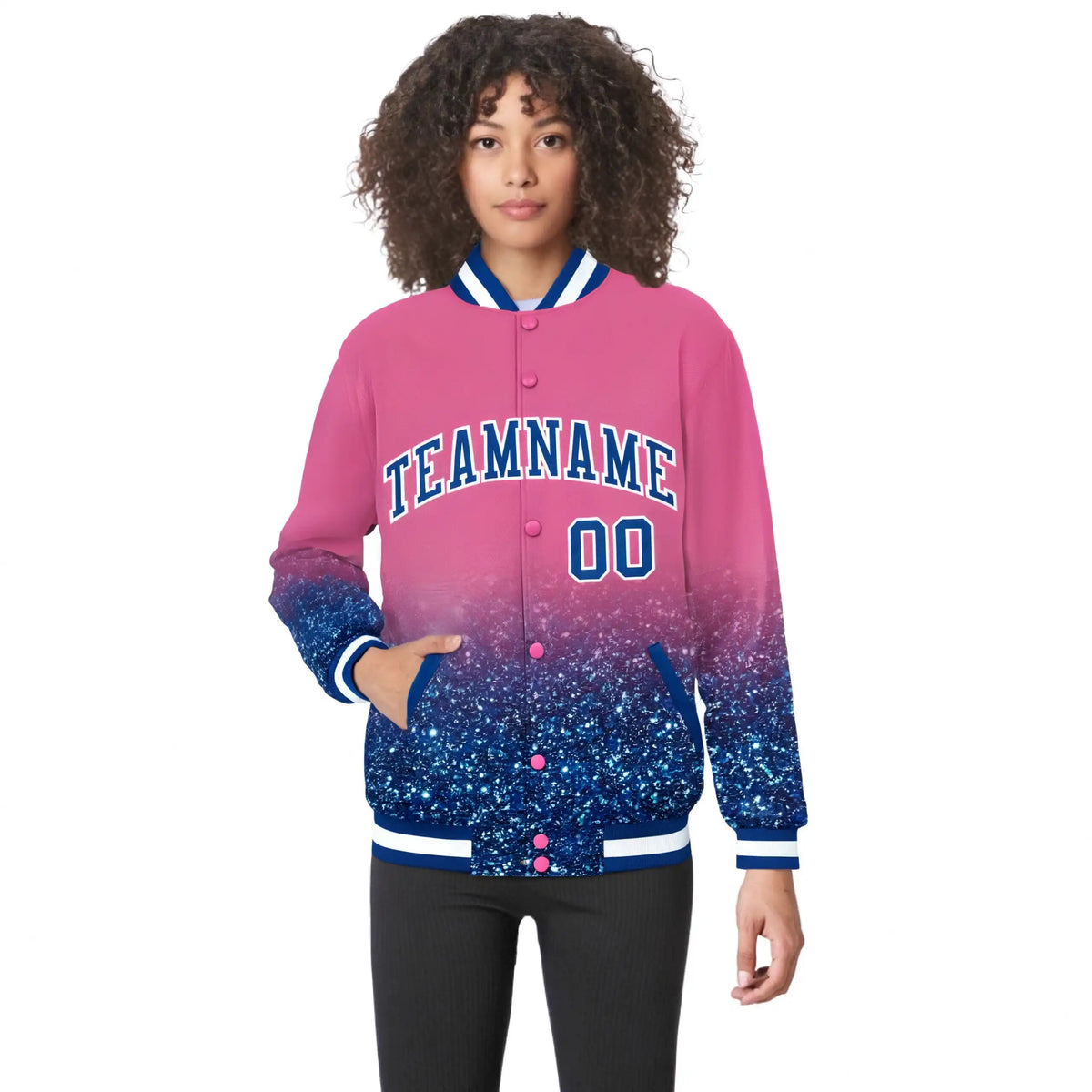 Custom Pink Varsity Full-Snap Sequins Pattern Letterman Baseball Jacket