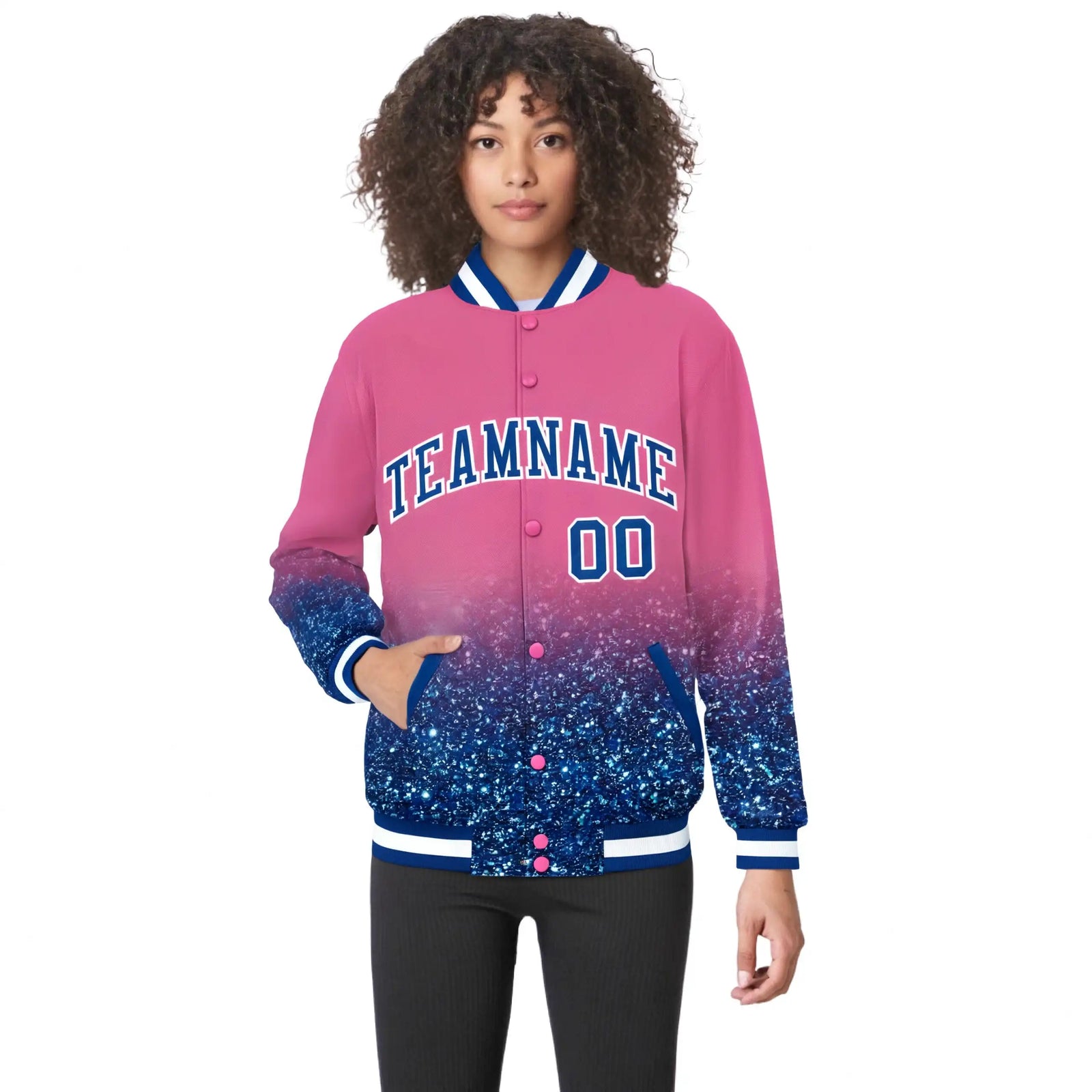 Custom Pink Varsity Full-Snap Sequins Pattern Letterman Baseball Jacket