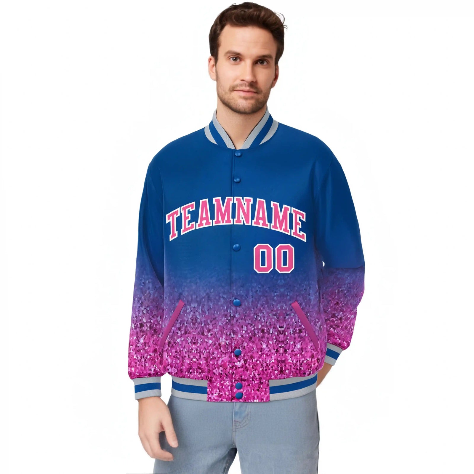 Custom Royal Blue Varsity Full-Snap Sequins Pattern Letterman Baseball Jacket