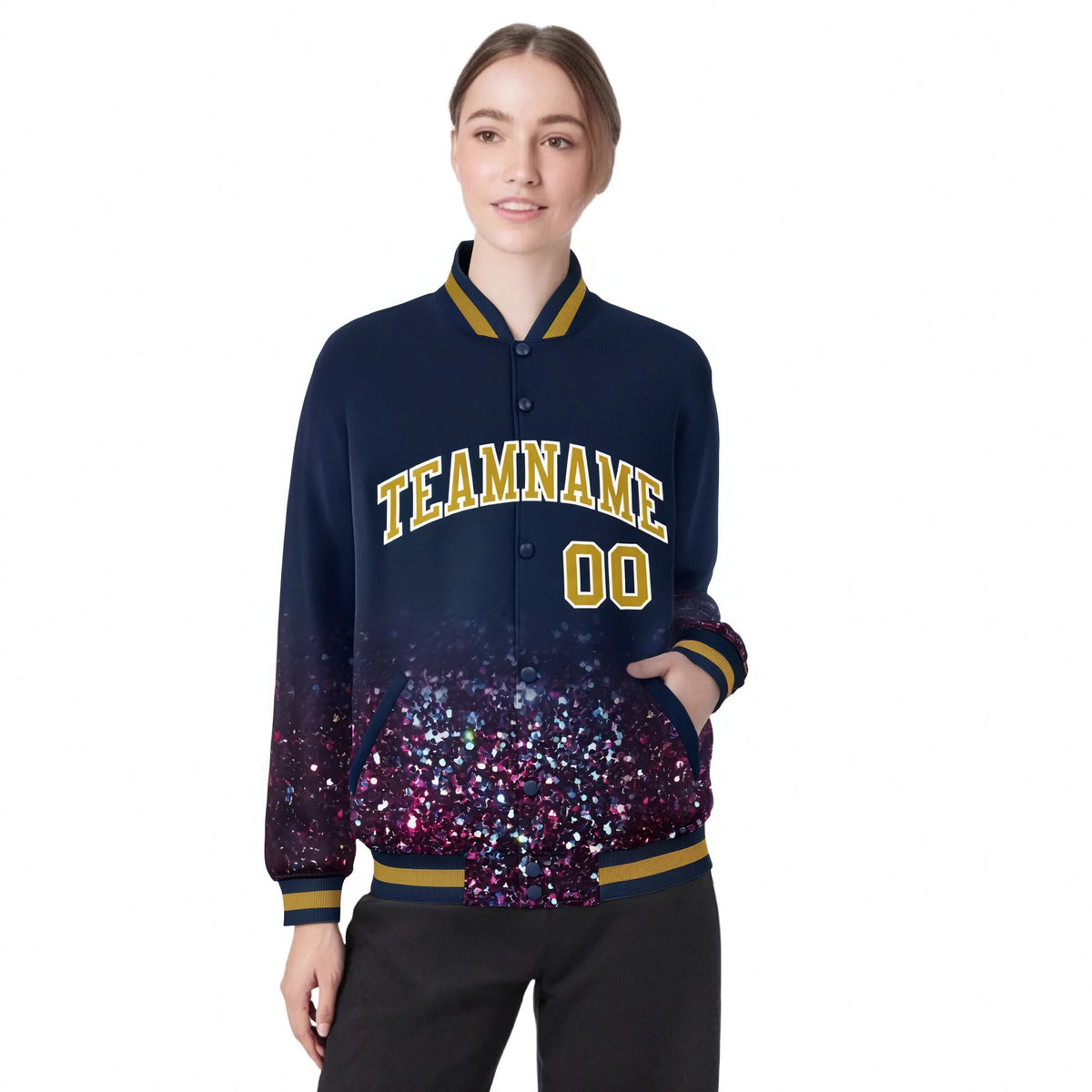 Custom Navy Varsity Full-Snap Sequins Pattern Letterman Baseball Jacket