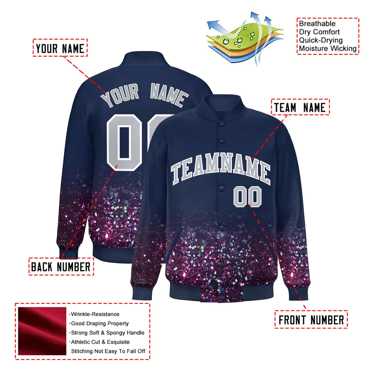 Custom Navy Varsity Full-Snap Sequins Pattern Letterman Baseball Jacket