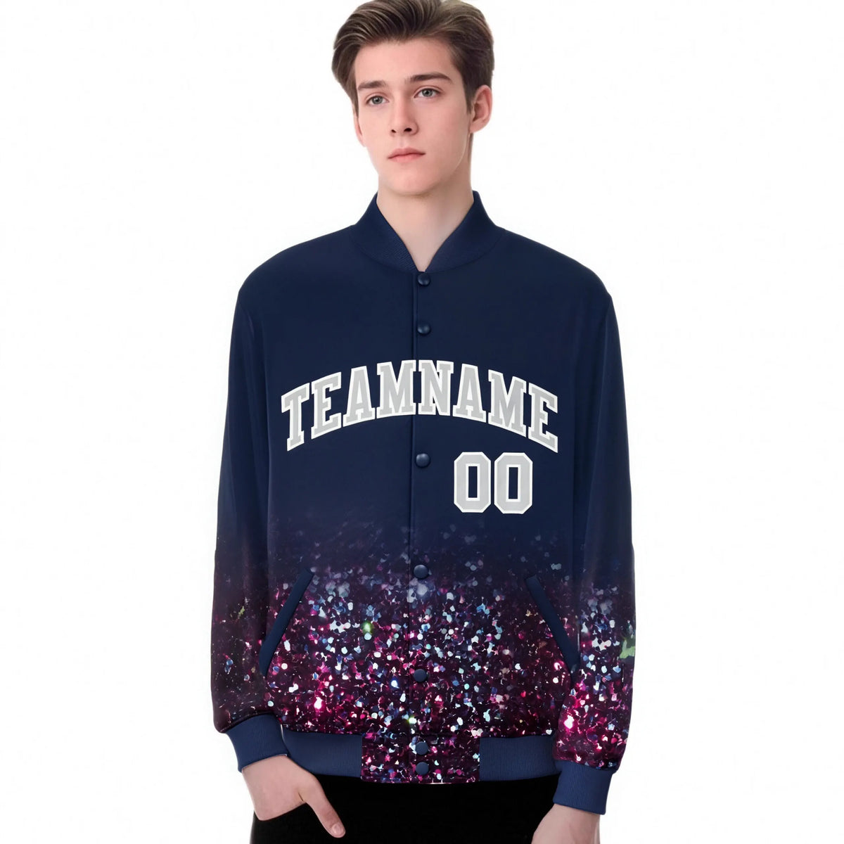 Custom Navy Varsity Full-Snap Sequins Pattern Letterman Baseball Jacket