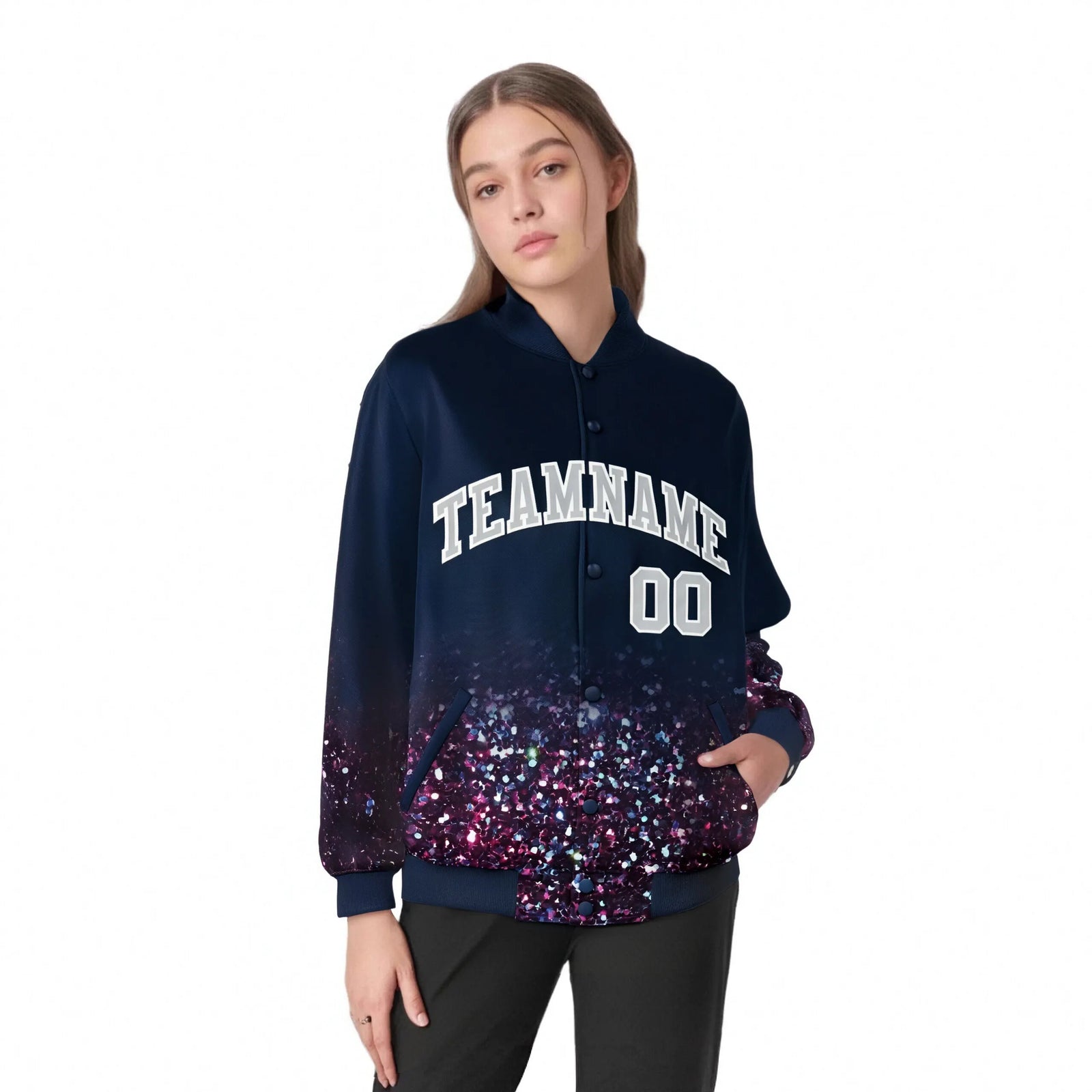 Custom Navy Varsity Full-Snap Sequins Pattern Letterman Baseball Jacket