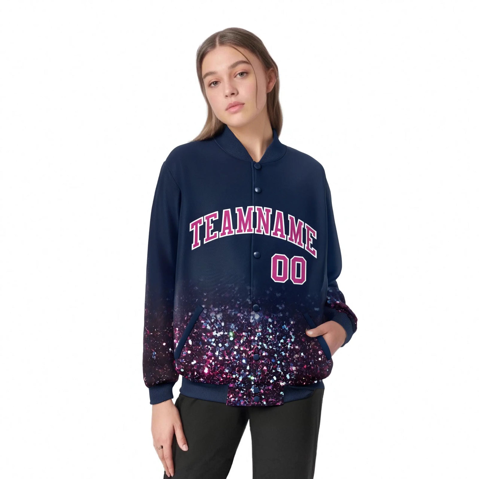 Custom Navy Varsity Full-Snap Sequins Pattern Letterman Baseball Jacket