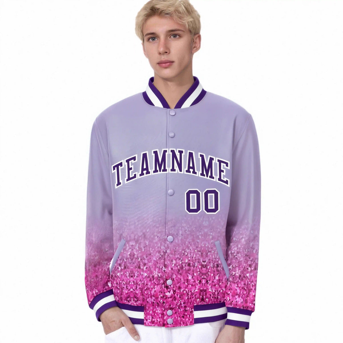 Custom Light Purple Varsity Full-Snap Sequins Pattern Letterman Baseball Jacket