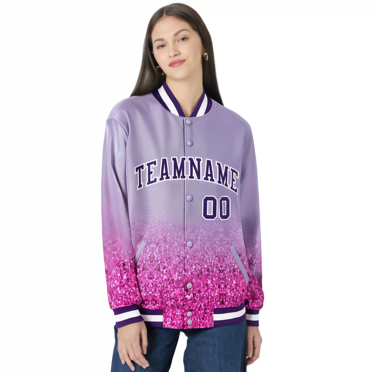 Custom Light Purple Varsity Full-Snap Sequins Pattern Letterman Baseball Jacket