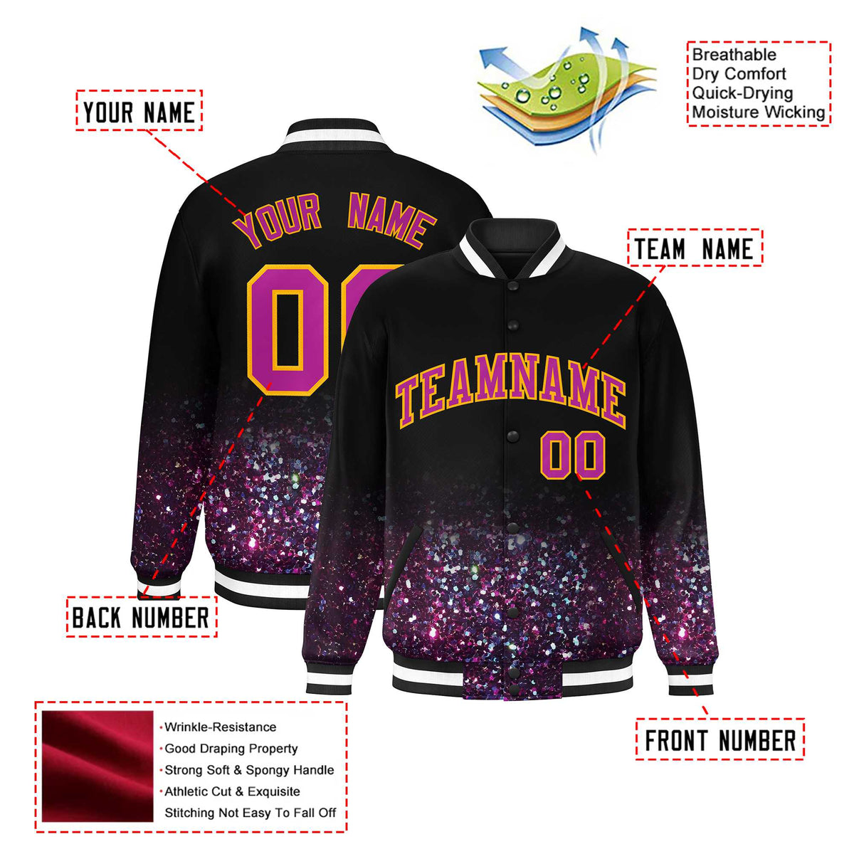 Custom Black Varsity Full-Snap Sequins Pattern Letterman Baseball Jacket