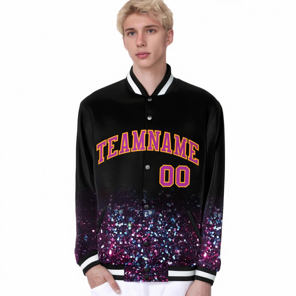 Custom Black Varsity Full-Snap Sequins Pattern Letterman Baseball Jacket