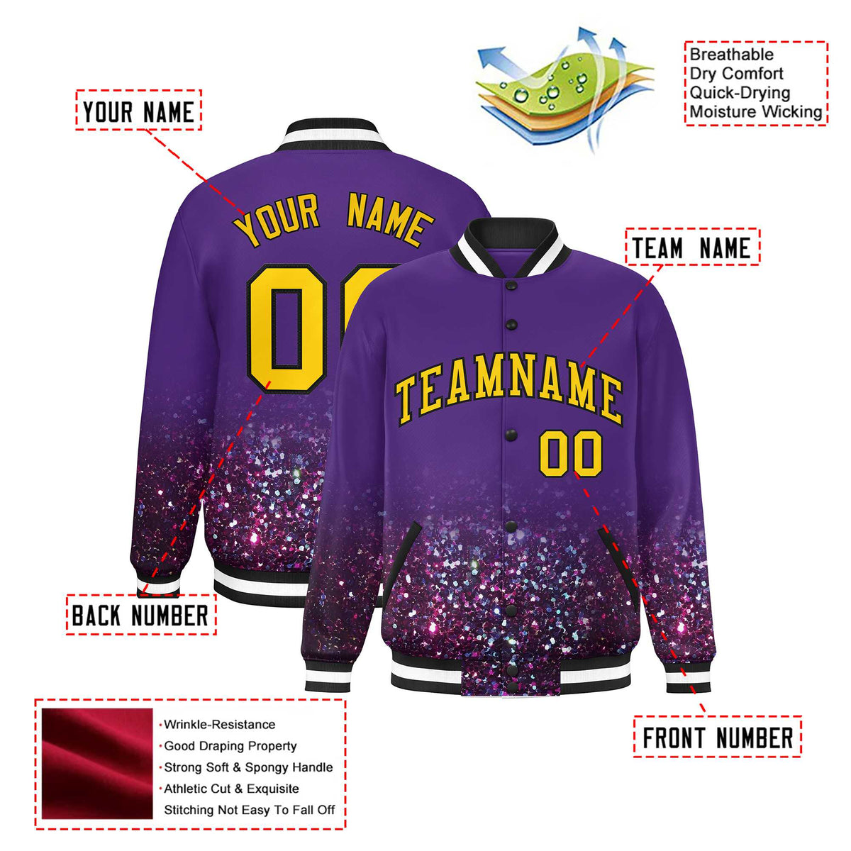 Custom Purple Varsity Full-Snap Sequins Pattern Letterman Baseball Jacket