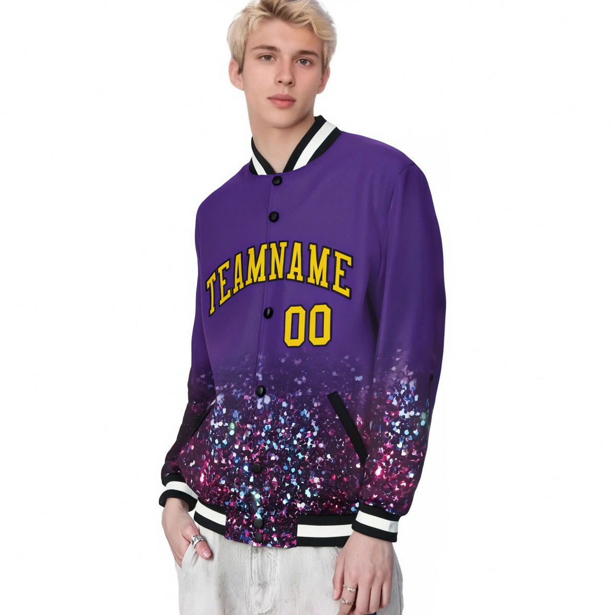 Custom Purple Varsity Full-Snap Sequins Pattern Letterman Baseball Jacket