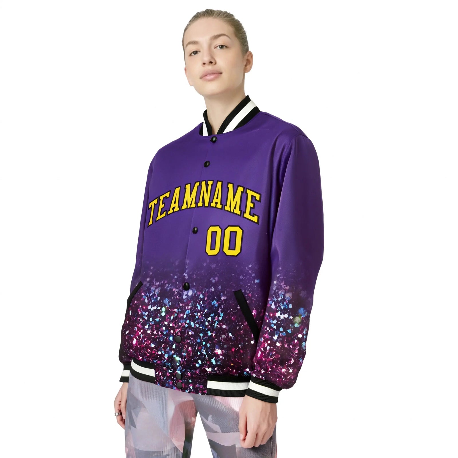 Custom Purple Varsity Full-Snap Sequins Pattern Letterman Baseball Jacket