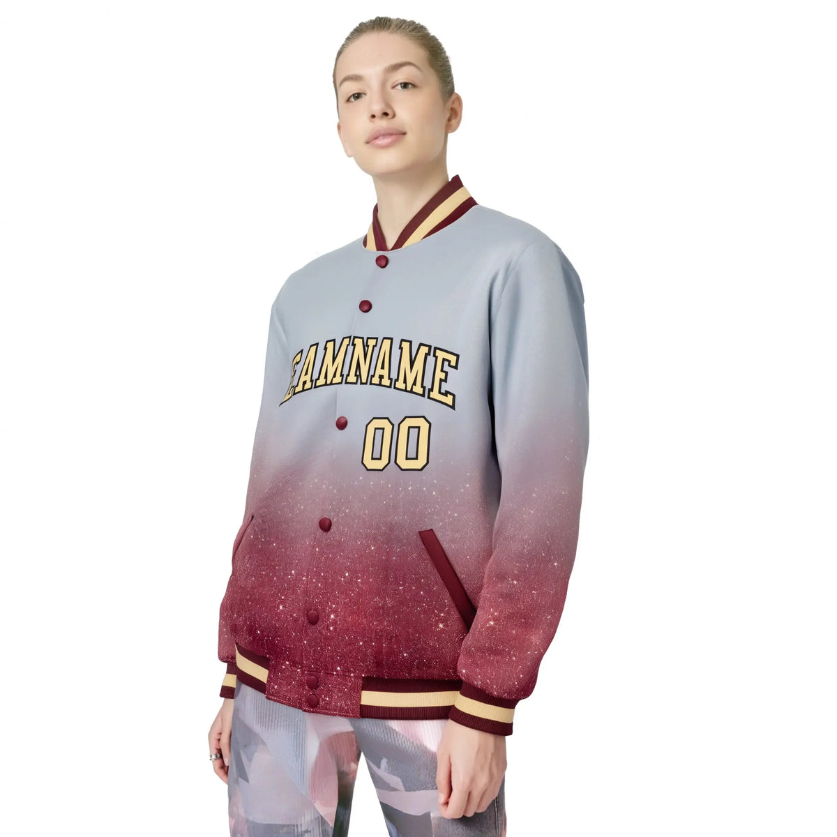 Custom Gray Varsity Full-Snap Sequins Pattern Letterman Baseball Jacket