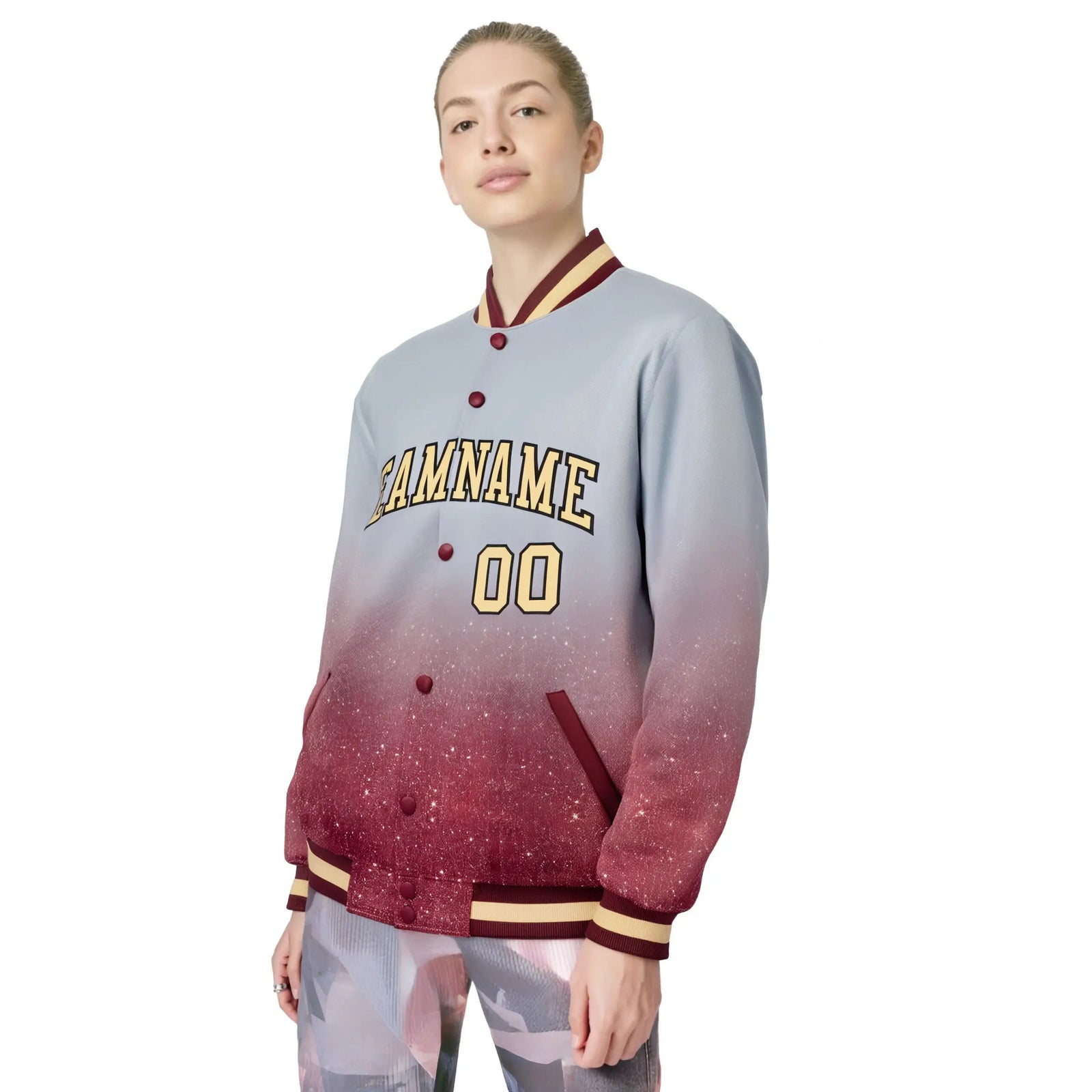 Custom Gray Varsity Full-Snap Sequins Pattern Letterman Baseball Jacket