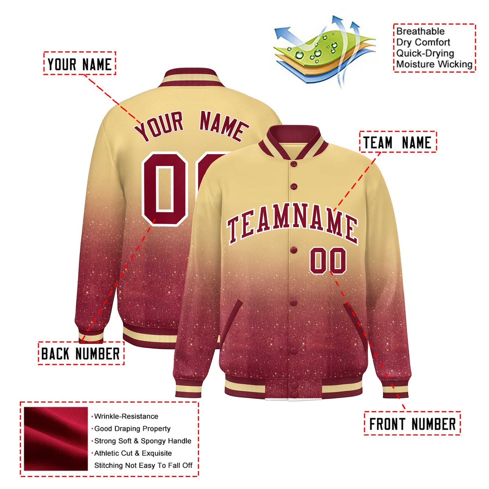 Custom Khaki Varsity Full-Snap Sequins Pattern Letterman Baseball Jacket