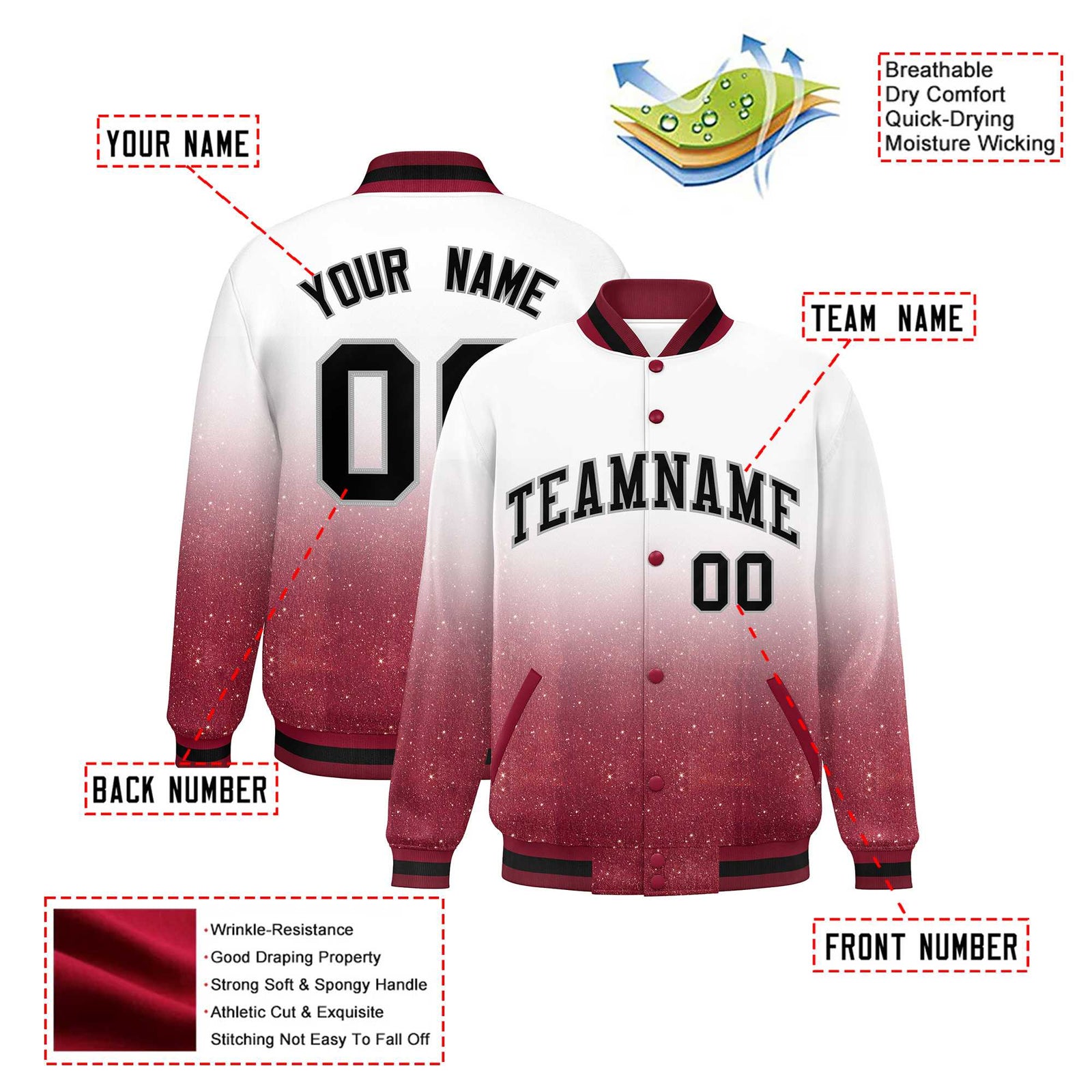 Custom White Varsity Full-Snap Sequins Pattern Letterman Baseball Jacket