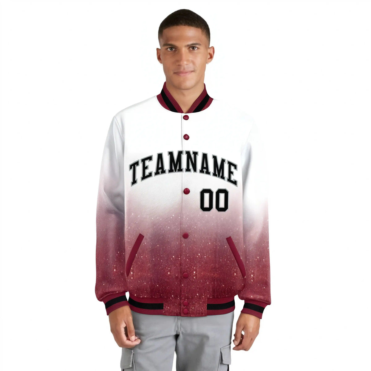 Custom White Varsity Full-Snap Sequins Pattern Letterman Baseball Jacket