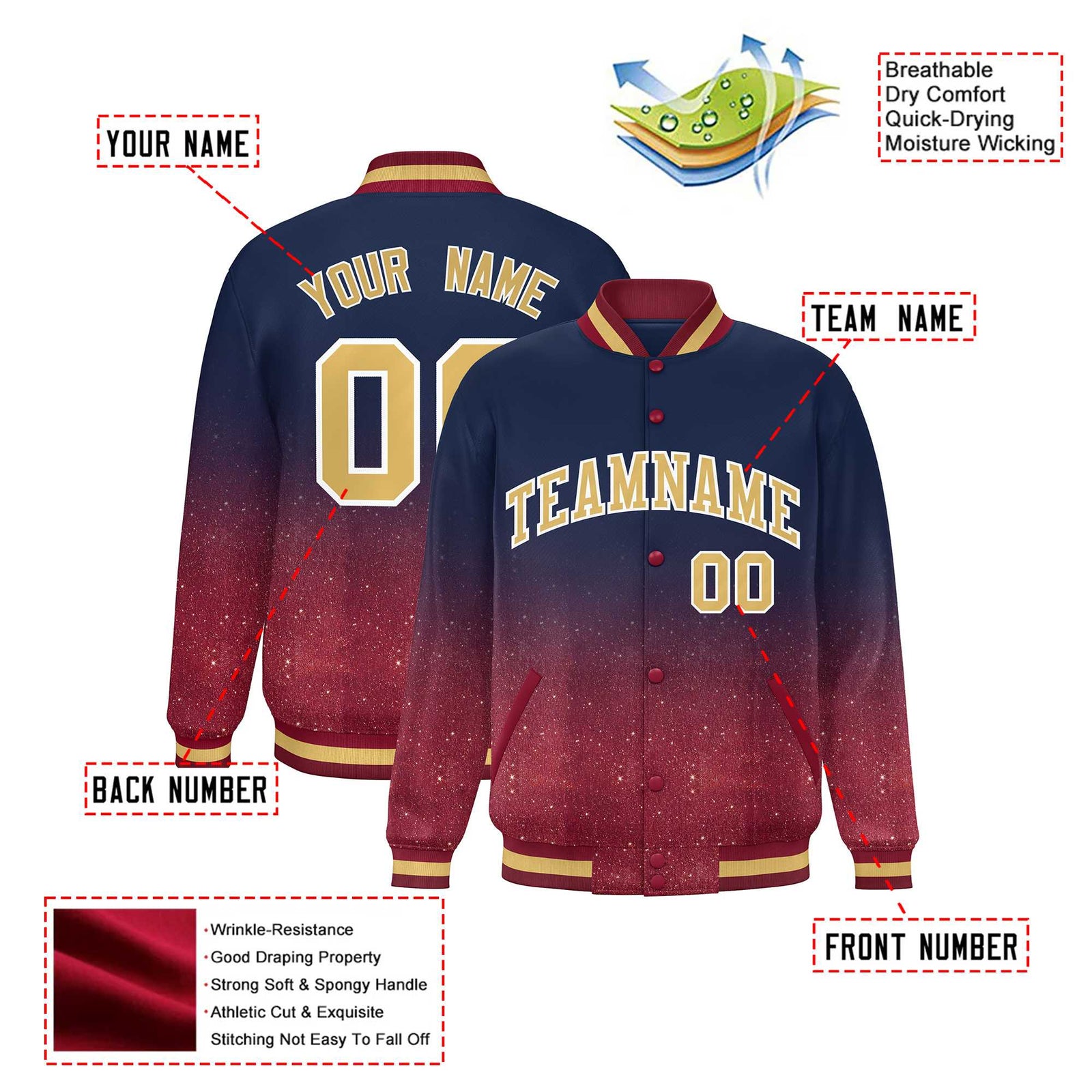 Custom Navy Varsity Full-Snap Sequins Pattern Letterman Baseball Jacket