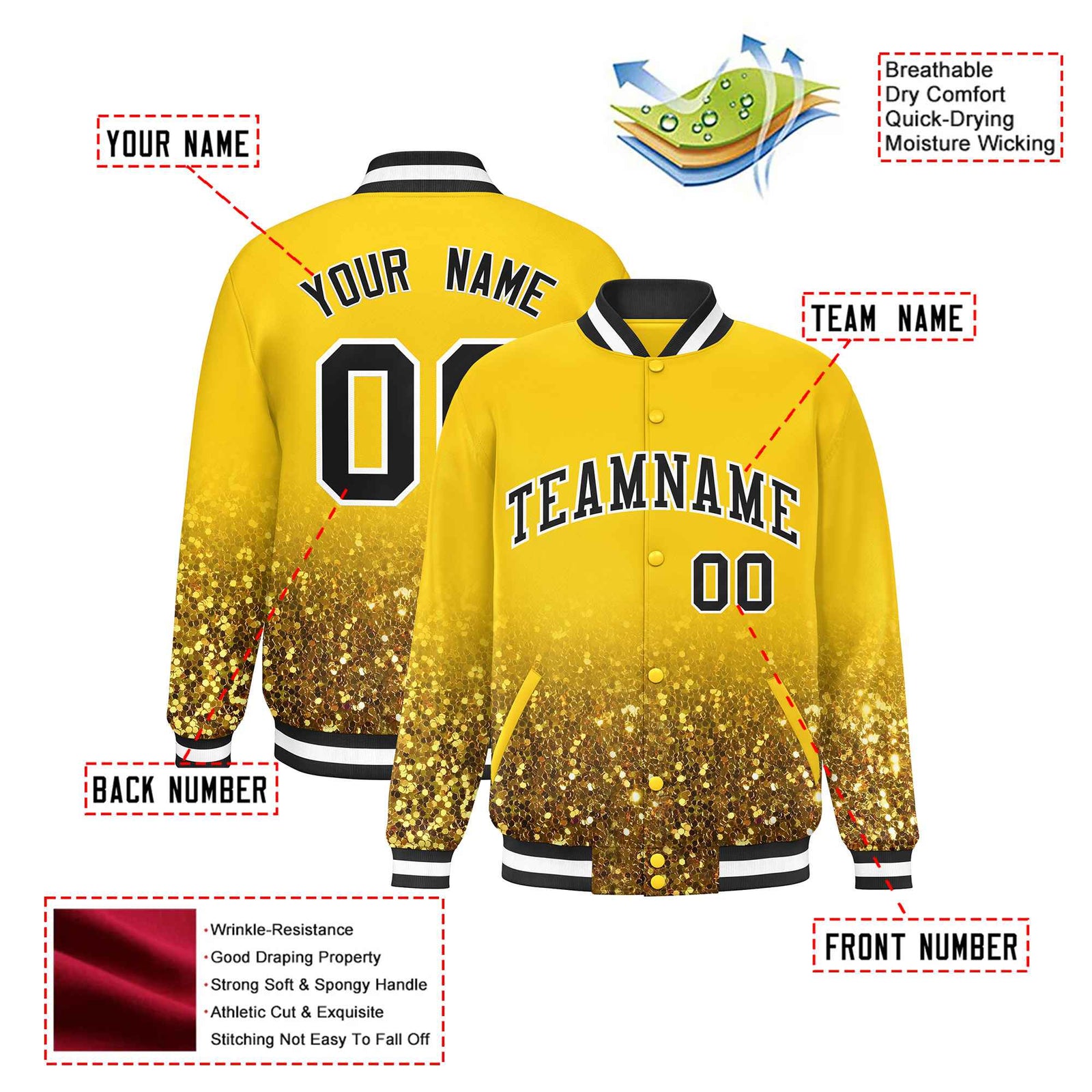 Custom Gold Varsity Full-Snap Sequins Pattern Letterman Baseball Jacket