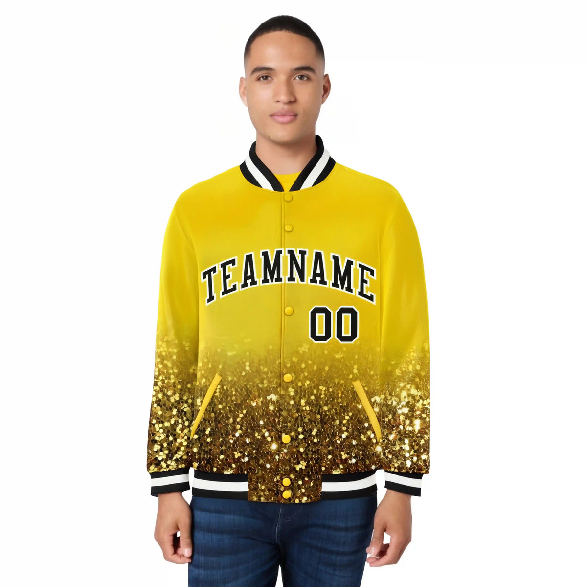 Custom Gold Varsity Full-Snap Sequins Pattern Letterman Baseball Jacket