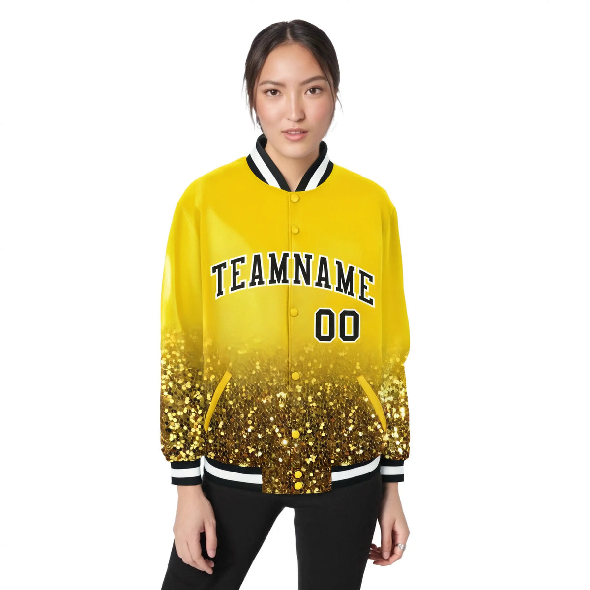 Custom Gold Varsity Full-Snap Sequins Pattern Letterman Baseball Jacket