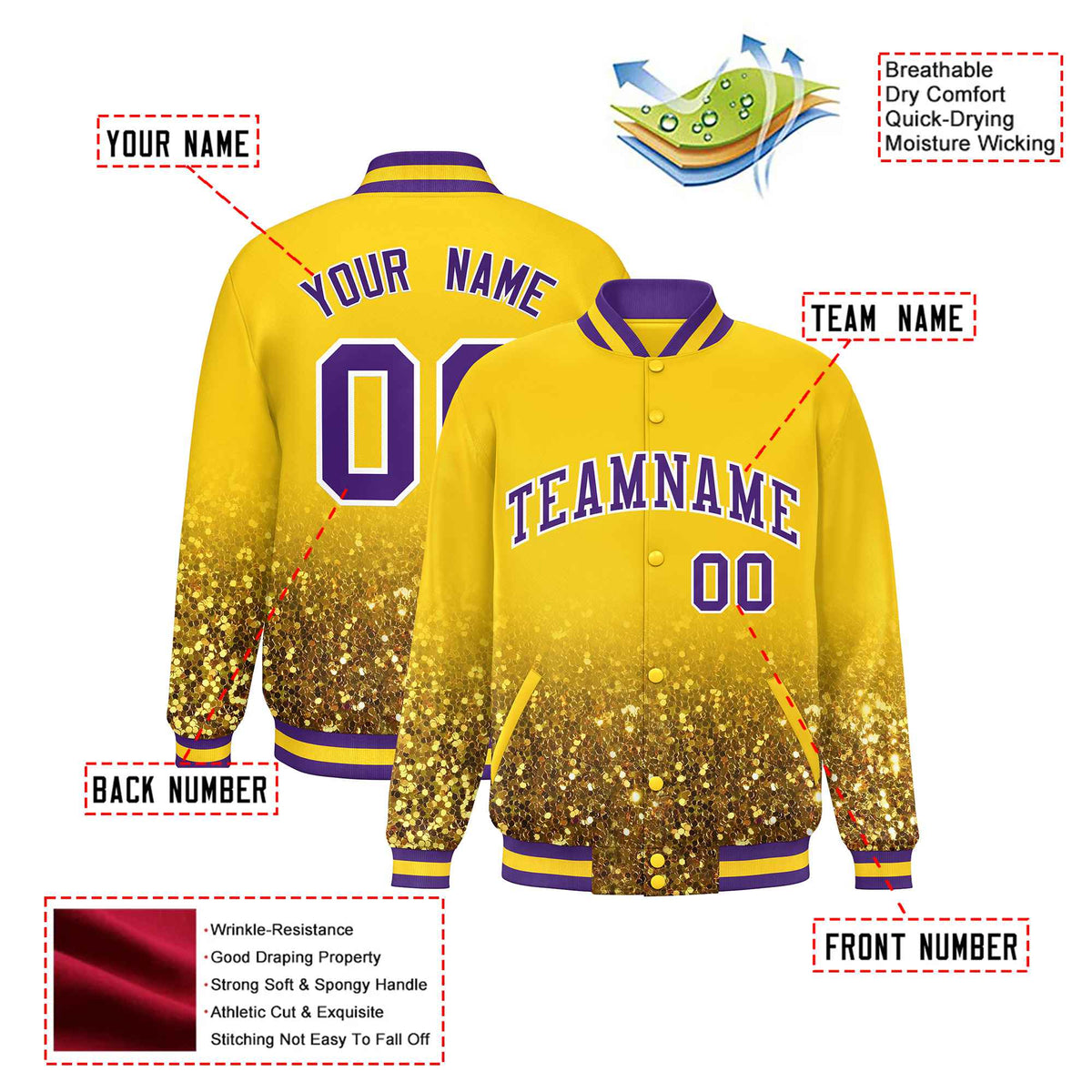 Custom Gold Varsity Full-Snap Sequins Pattern Letterman Baseball Jacket