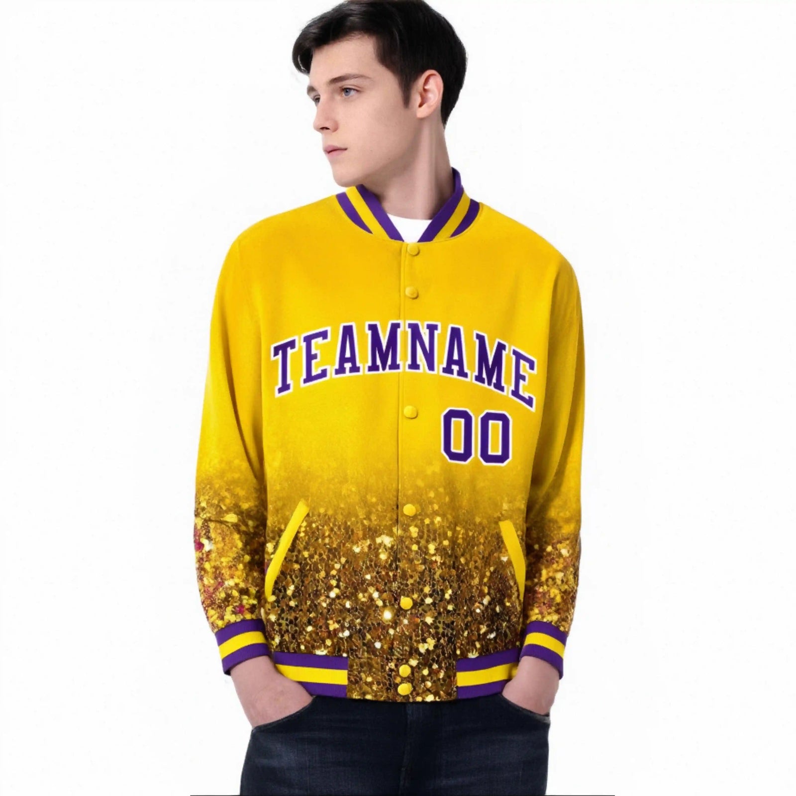 Custom Gold Varsity Full-Snap Sequins Pattern Letterman Baseball Jacket