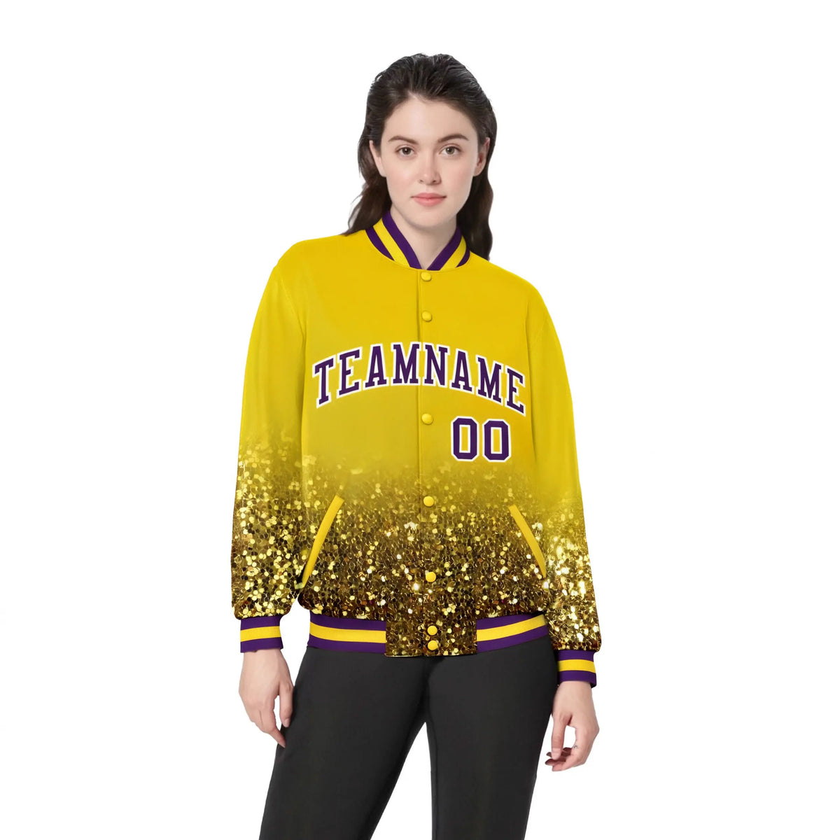 Custom Gold Varsity Full-Snap Sequins Pattern Letterman Baseball Jacket