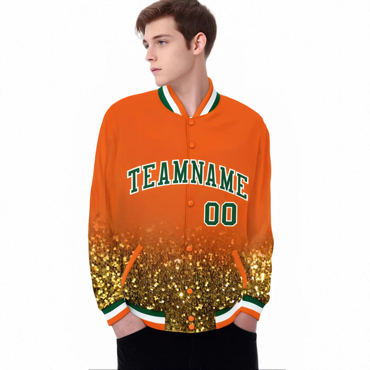 Custom Orange Varsity Full-Snap Sequins Pattern Letterman Baseball Jacket