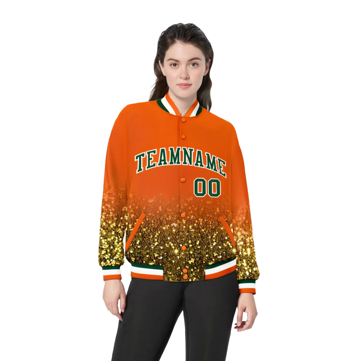 Custom Orange Varsity Full-Snap Sequins Pattern Letterman Baseball Jacket