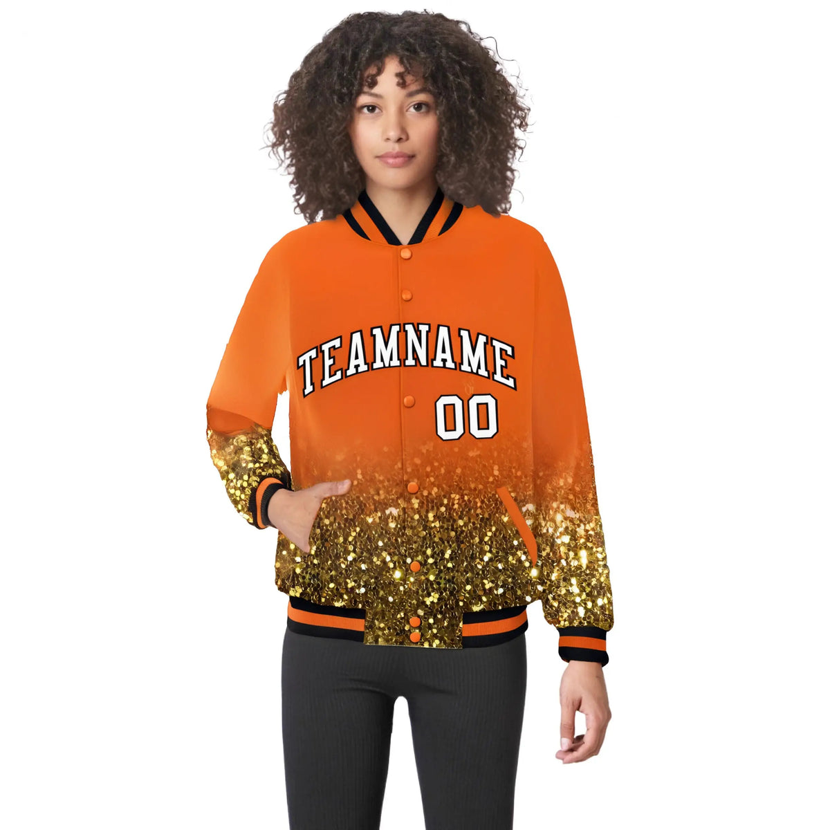 Custom Orange Varsity Full-Snap Sequins Pattern Letterman Baseball Jacket
