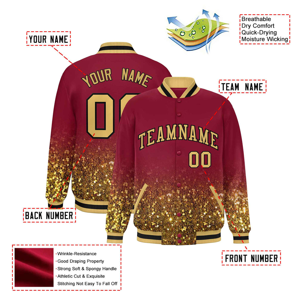 Custom Crimson Varsity Full-Snap Sequins Pattern Letterman Baseball Jacket