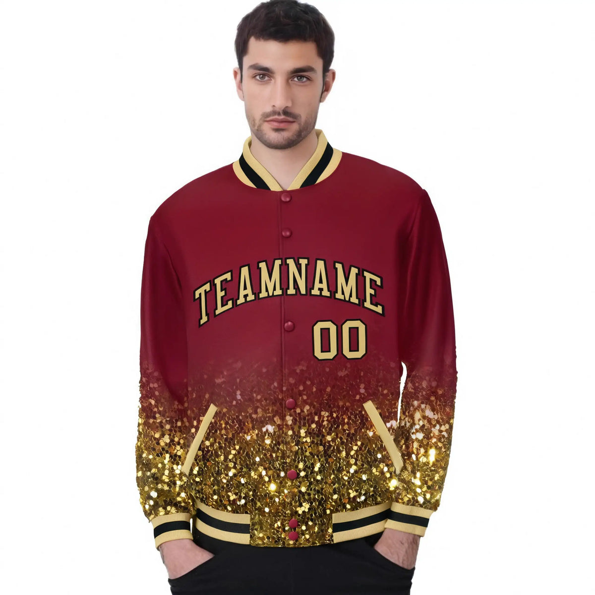 Custom Crimson Varsity Full-Snap Sequins Pattern Letterman Baseball Jacket