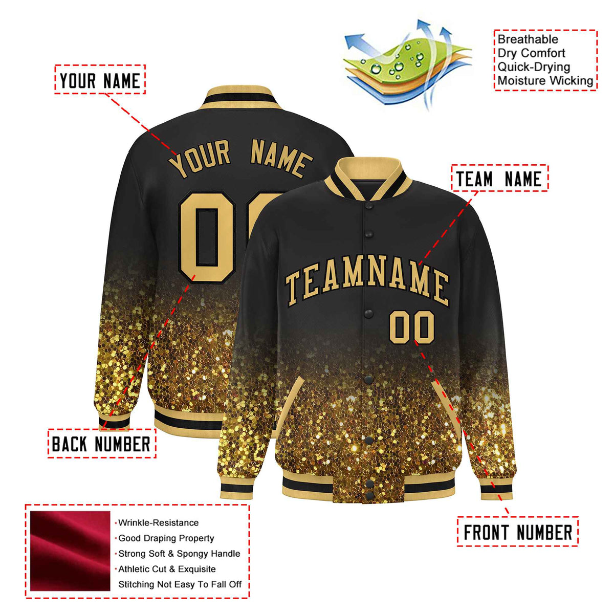 Custom Black Varsity Full-Snap Sequins Pattern Letterman Baseball Jacket