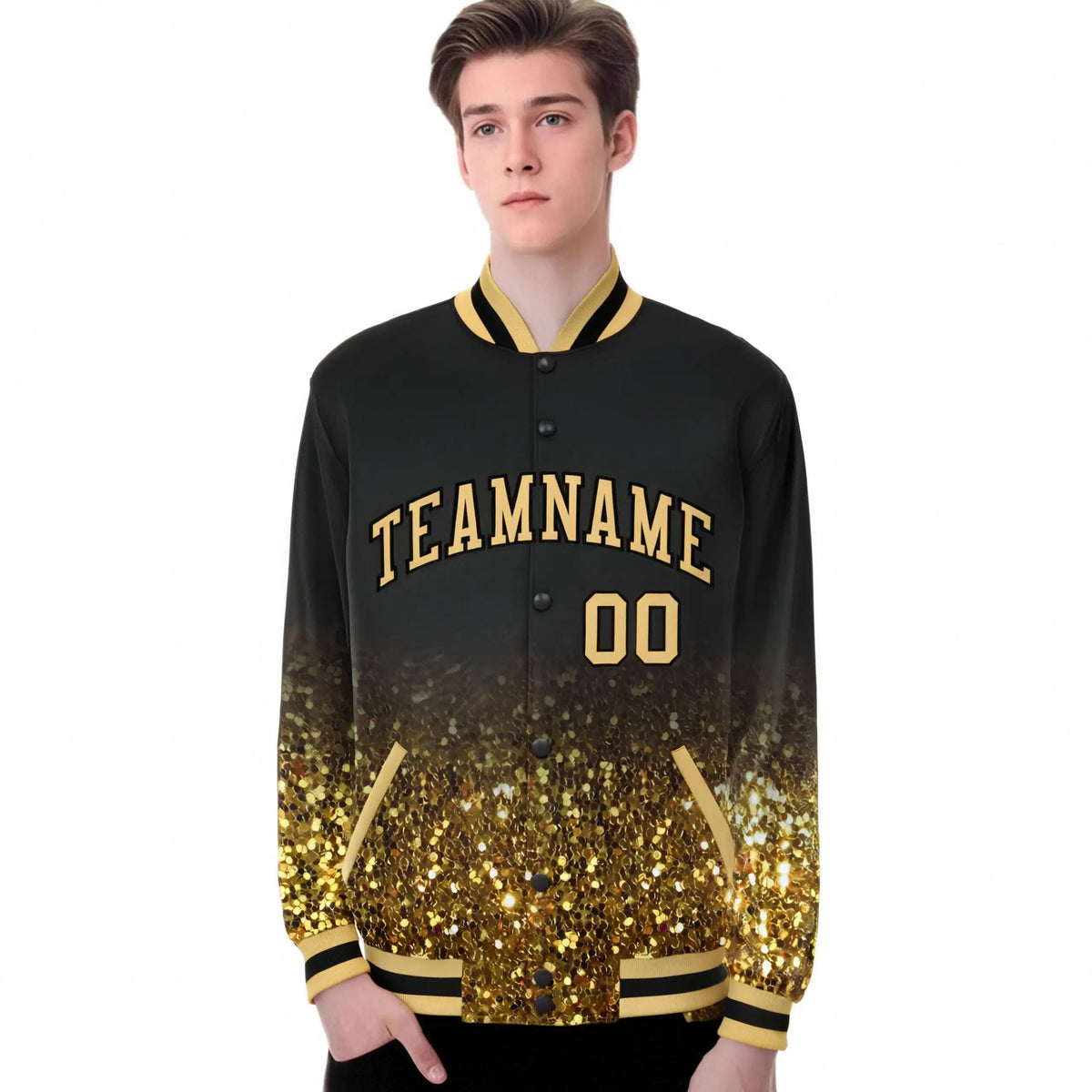 Custom Black Varsity Full-Snap Sequins Pattern Letterman Baseball Jacket