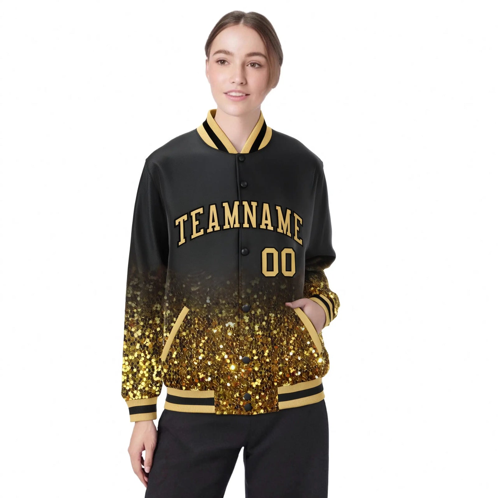 Custom Black Varsity Full-Snap Sequins Pattern Letterman Baseball Jacket