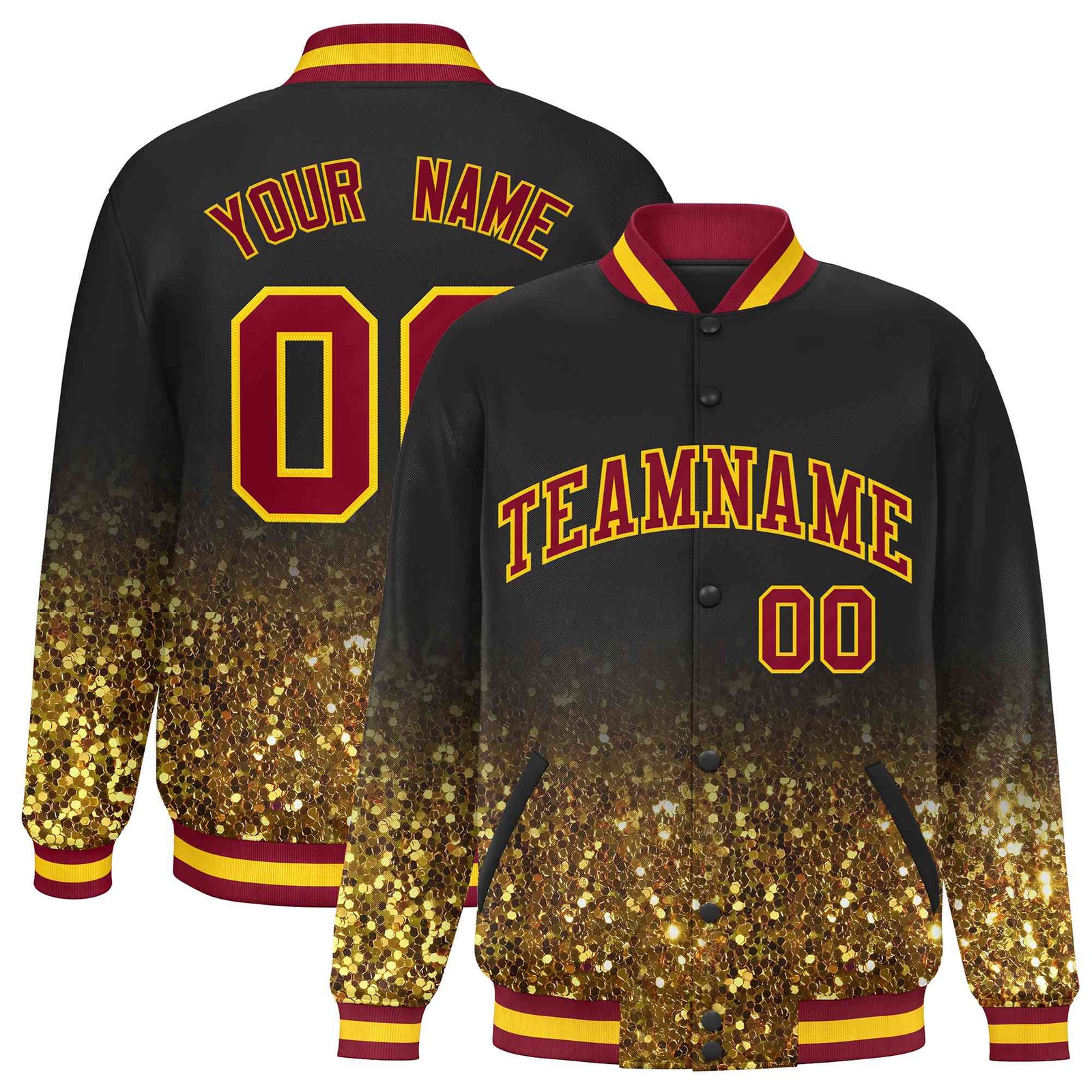 Custom Black Varsity Full-Snap Sequins Pattern Letterman Baseball Jacket