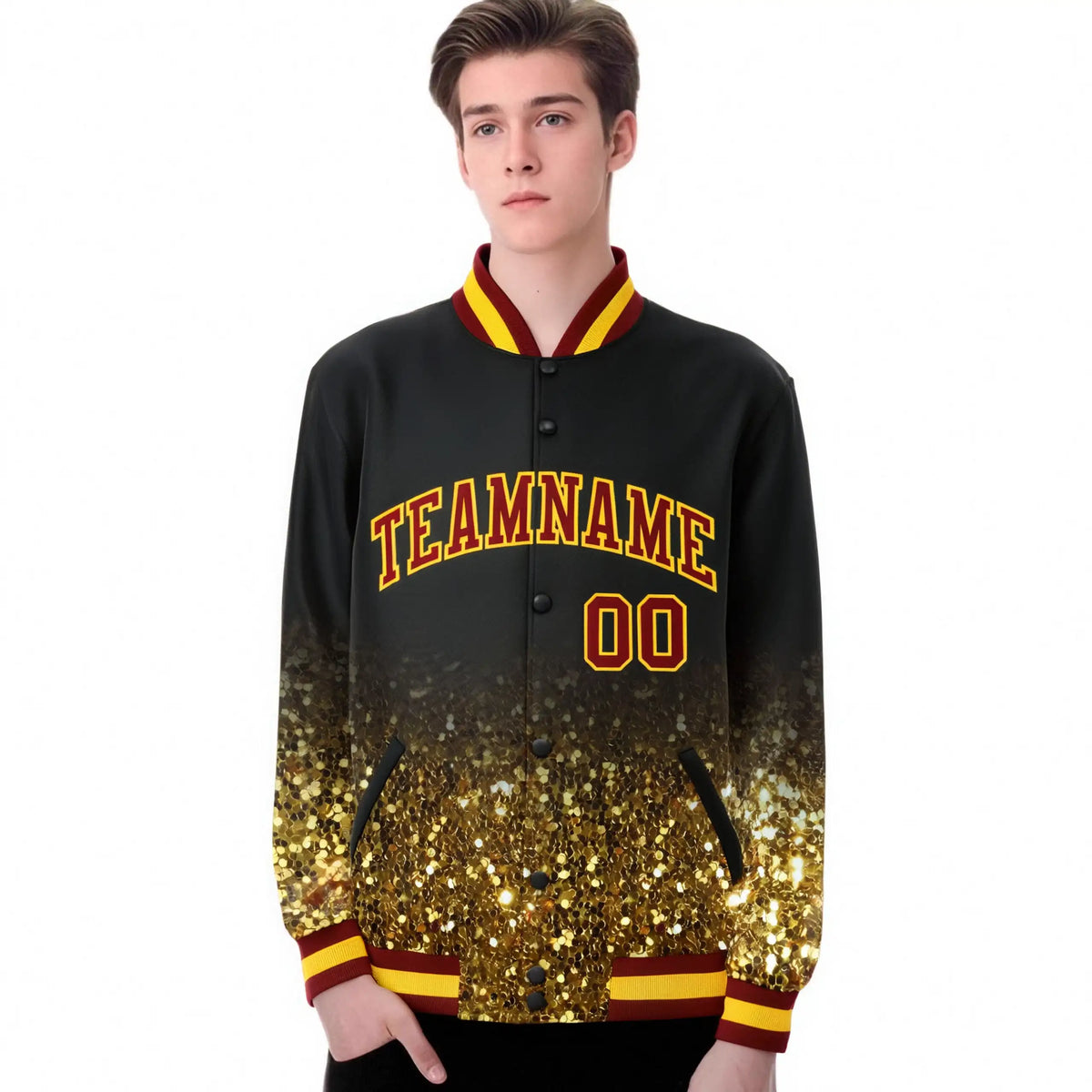 Custom Black Varsity Full-Snap Sequins Pattern Letterman Baseball Jacket