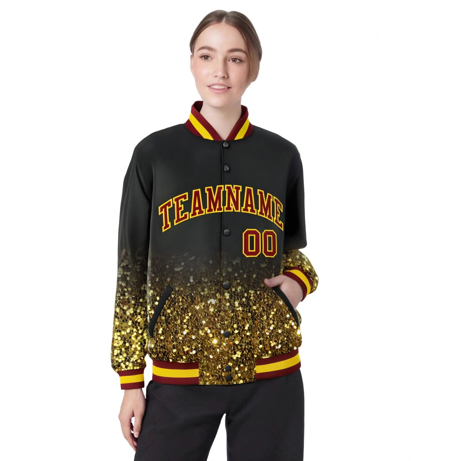 Custom Black Varsity Full-Snap Sequins Pattern Letterman Baseball Jacket