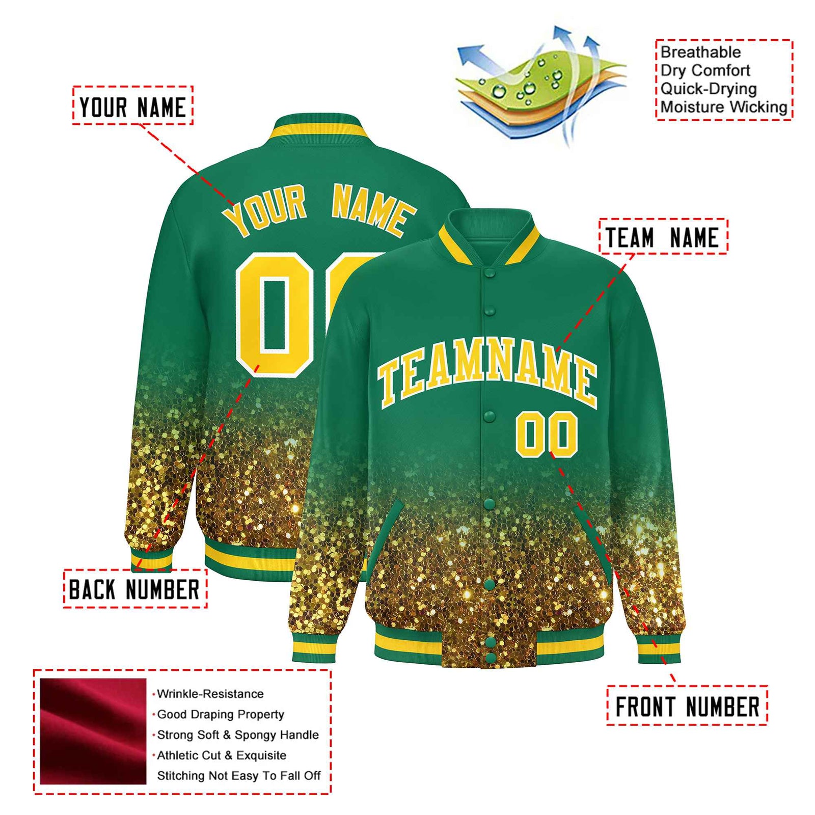 Custom Teal Varsity Full-Snap Sequins Pattern Letterman Baseball Jacket