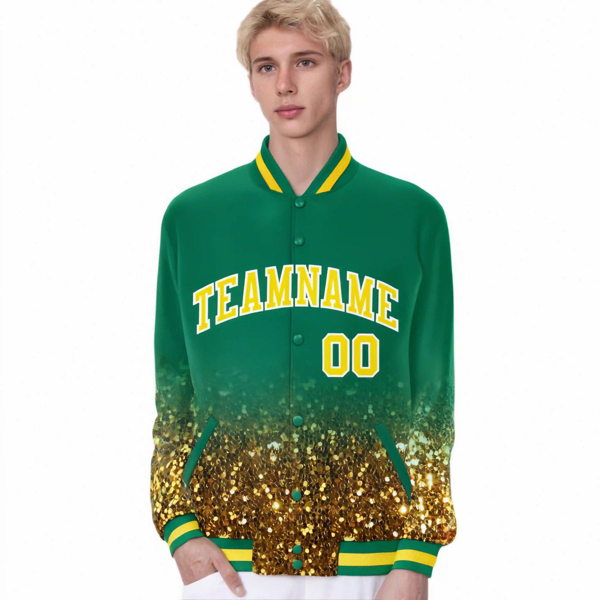 Custom Teal Varsity Full-Snap Sequins Pattern Letterman Baseball Jacket
