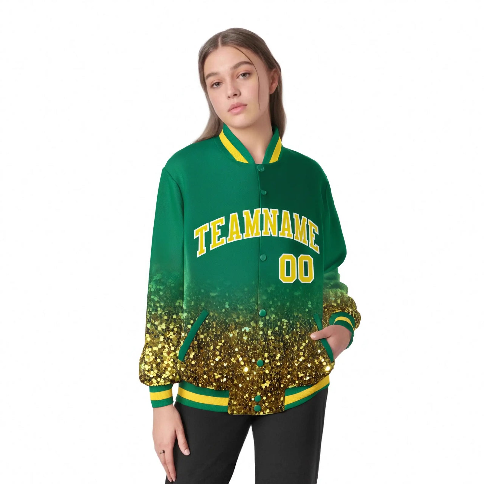 Custom Teal Varsity Full-Snap Sequins Pattern Letterman Baseball Jacket