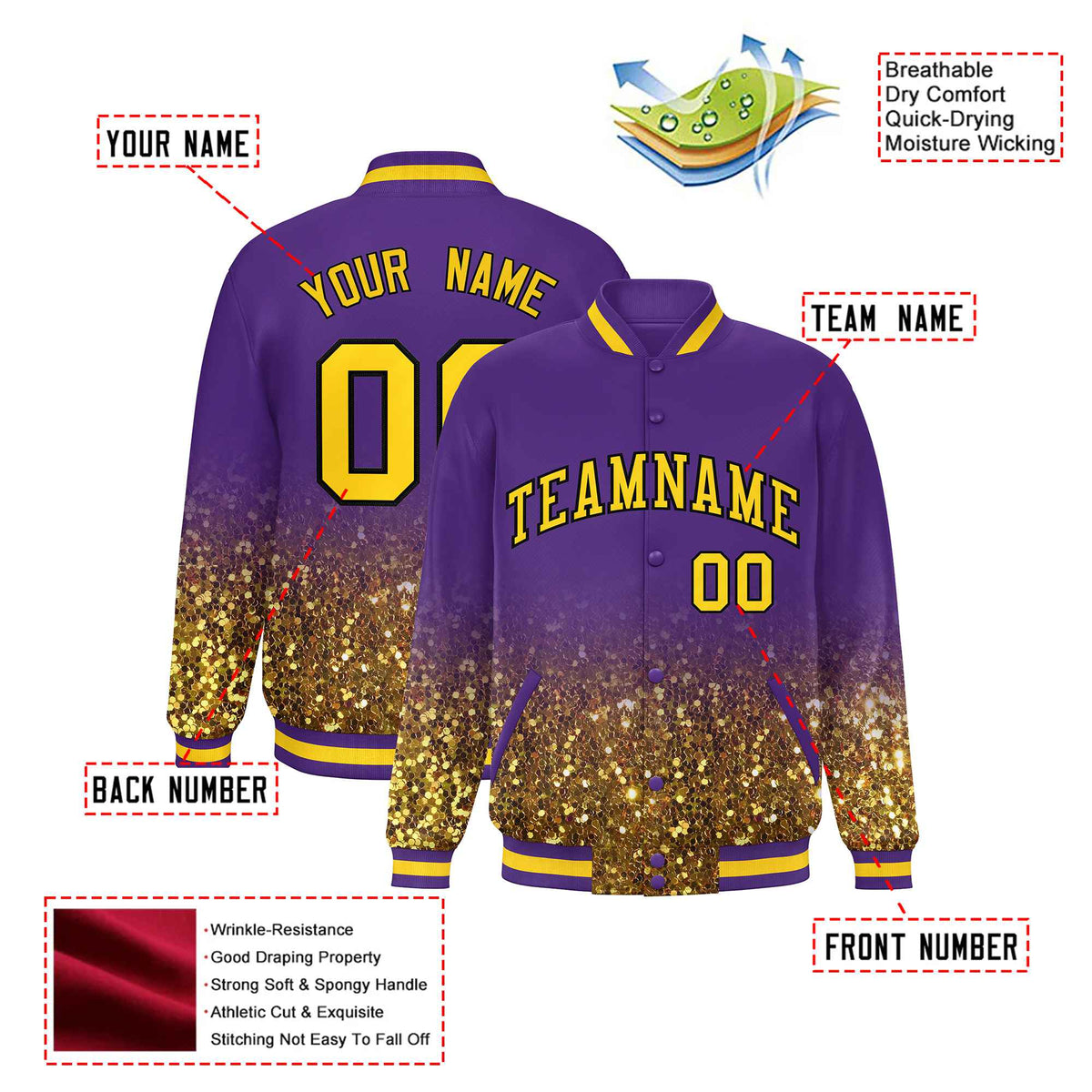 Custom Purple Varsity Full-Snap Sequins Pattern Letterman Baseball Jacket
