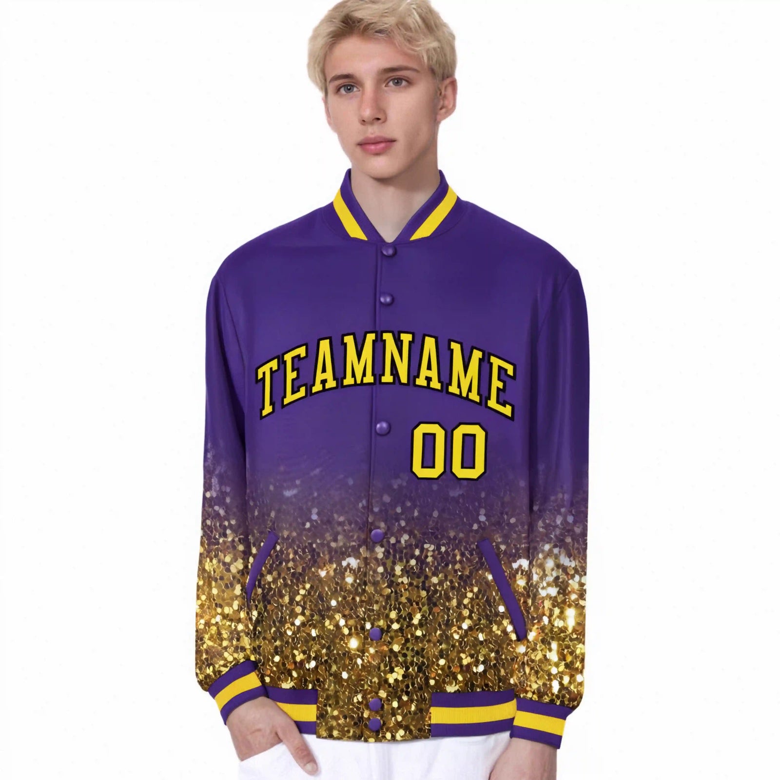 Custom Purple Varsity Full-Snap Sequins Pattern Letterman Baseball Jacket