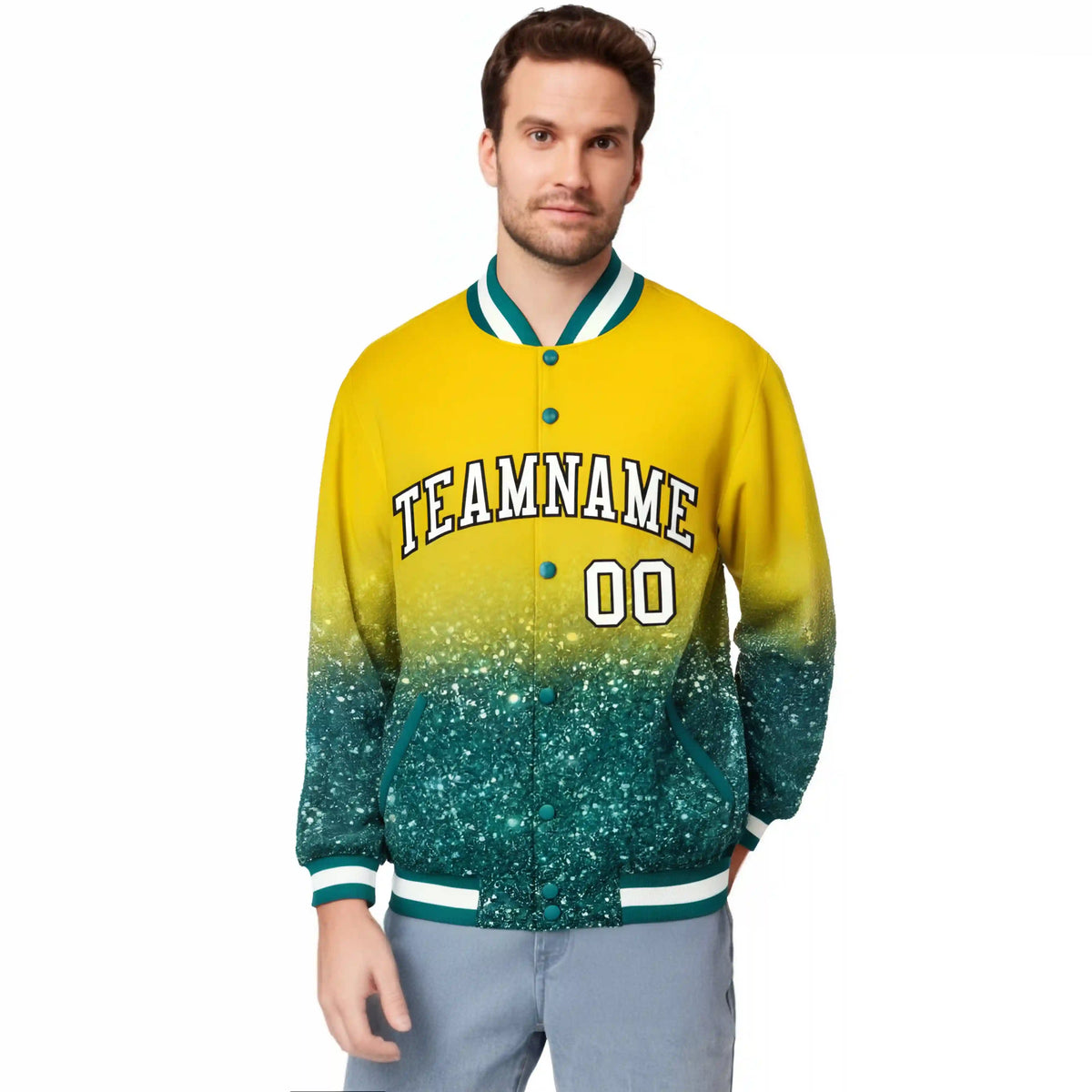 Custom Gold Varsity Full-Snap Sequins Pattern Letterman Baseball Jacket