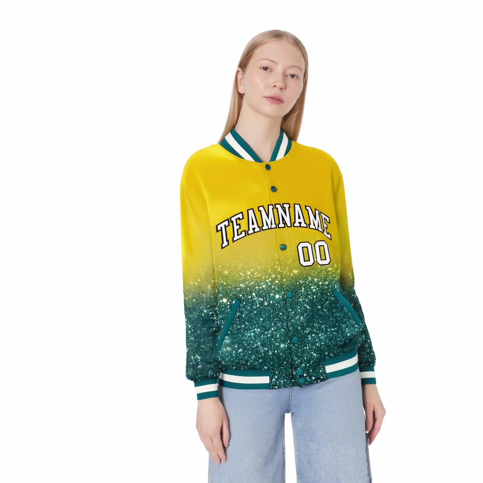 Custom Gold Varsity Full-Snap Sequins Pattern Letterman Baseball Jacket