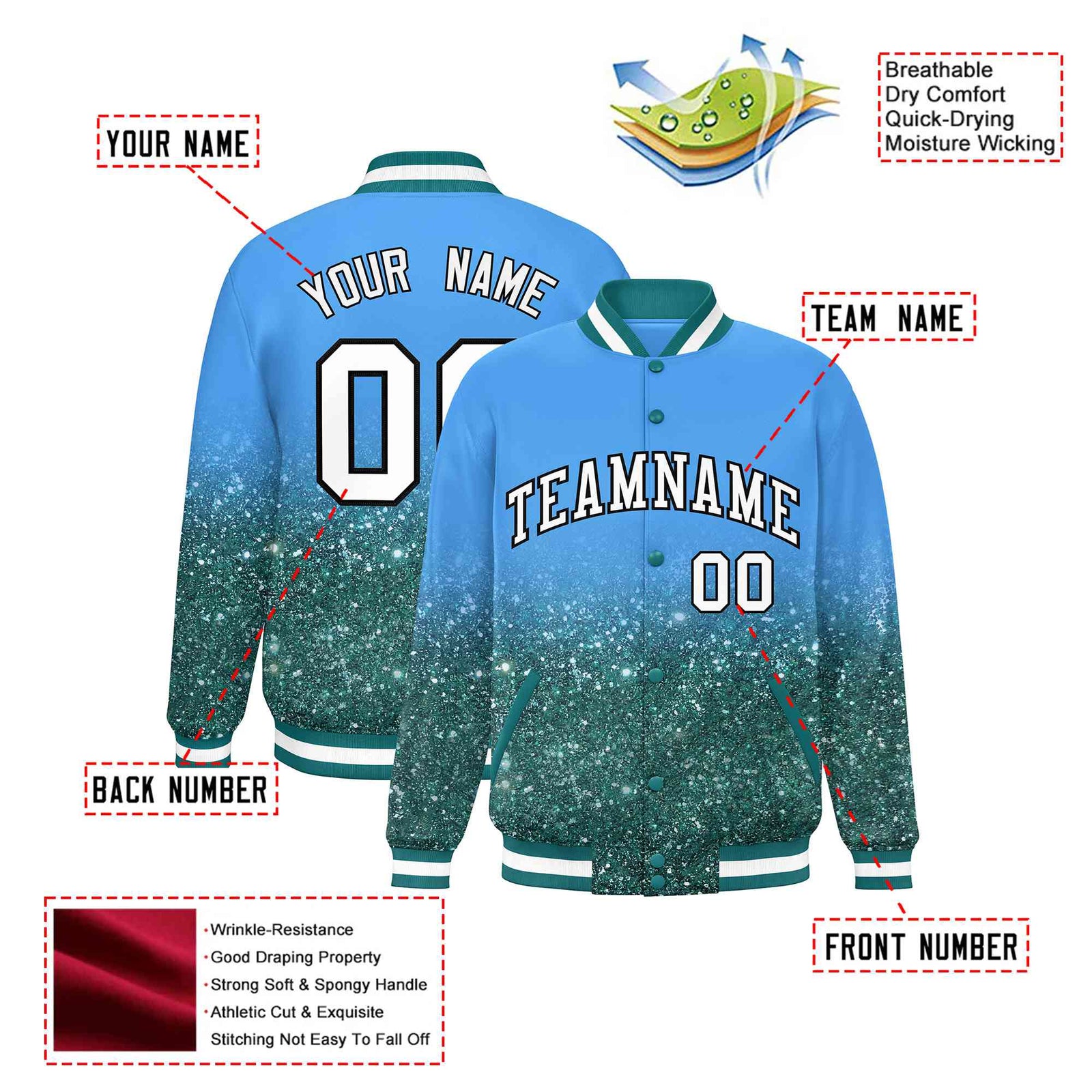 Custom Powder Blue Varsity Full-Snap Sequins Pattern Letterman Baseball Jacket