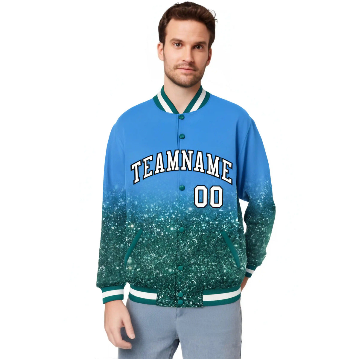 Custom Powder Blue Varsity Full-Snap Sequins Pattern Letterman Baseball Jacket