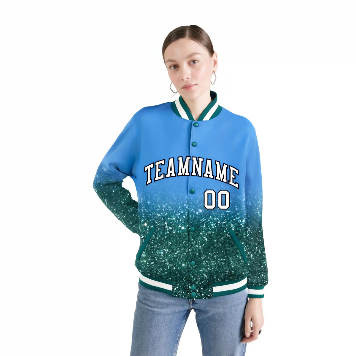 Custom Powder Blue Varsity Full-Snap Sequins Pattern Letterman Baseball Jacket