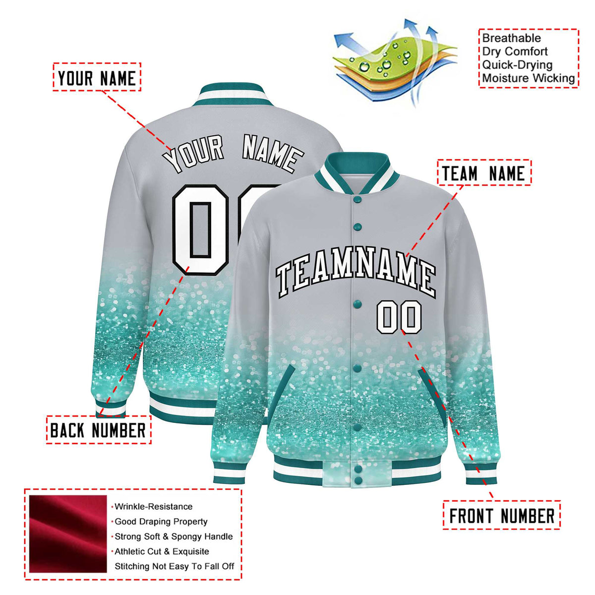 Custom Gray Varsity Full-Snap Sequins Pattern Letterman Baseball Jacket