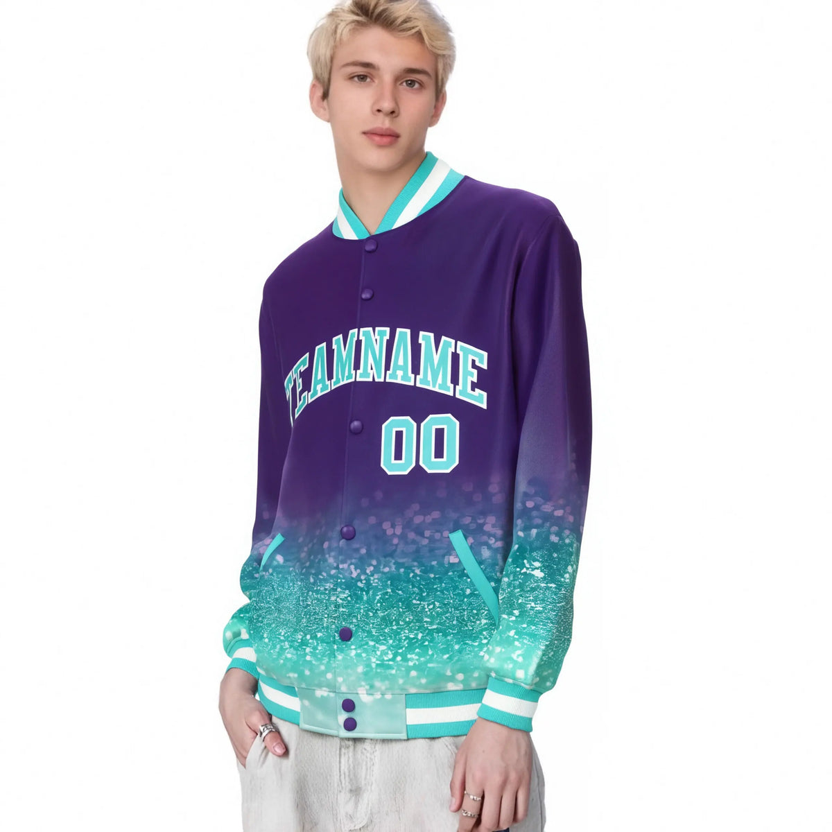 Custom Purple Varsity Full-Snap Sequins Pattern Letterman Baseball Jacket